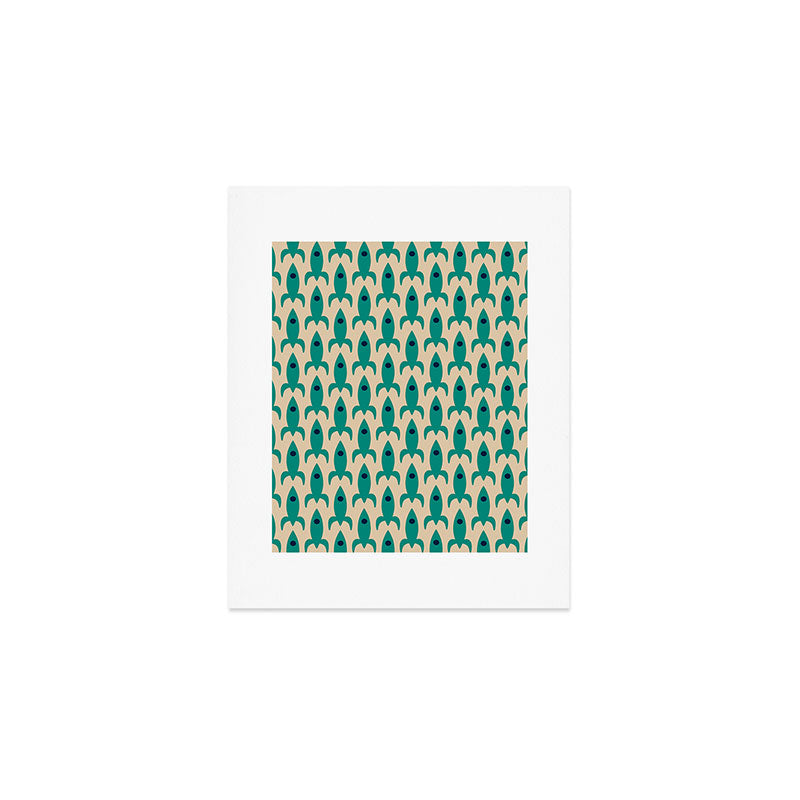 Space Age Rocket Ships - Atomic Age Mid-Century Modern Pattern in Teal and Mid Mod Beige Art Print Gallery Image 1
