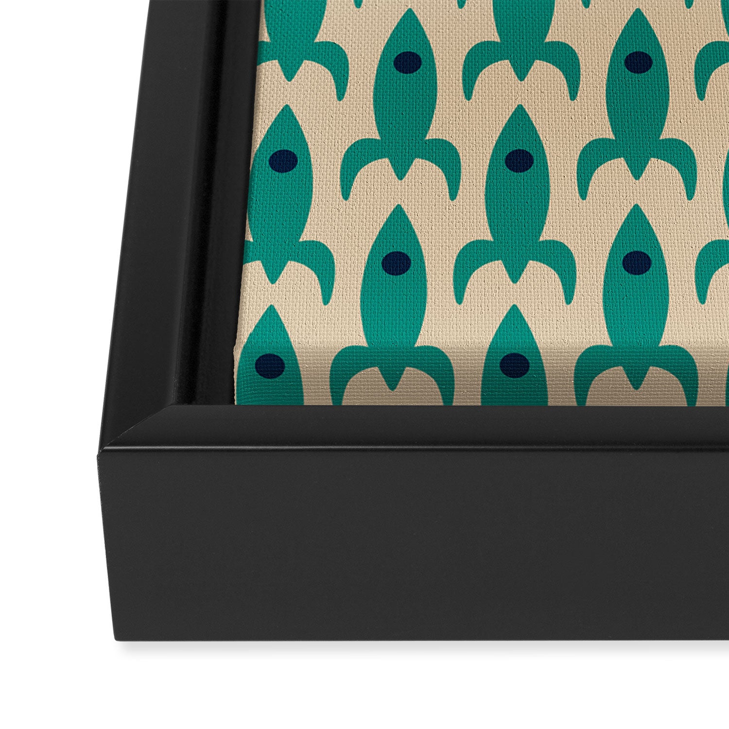 Space Age Rocket Ships - Atomic Age Mid-Century Modern Pattern in Teal and Mid Mod Beige Framed Canvas Print Gallery Image 3