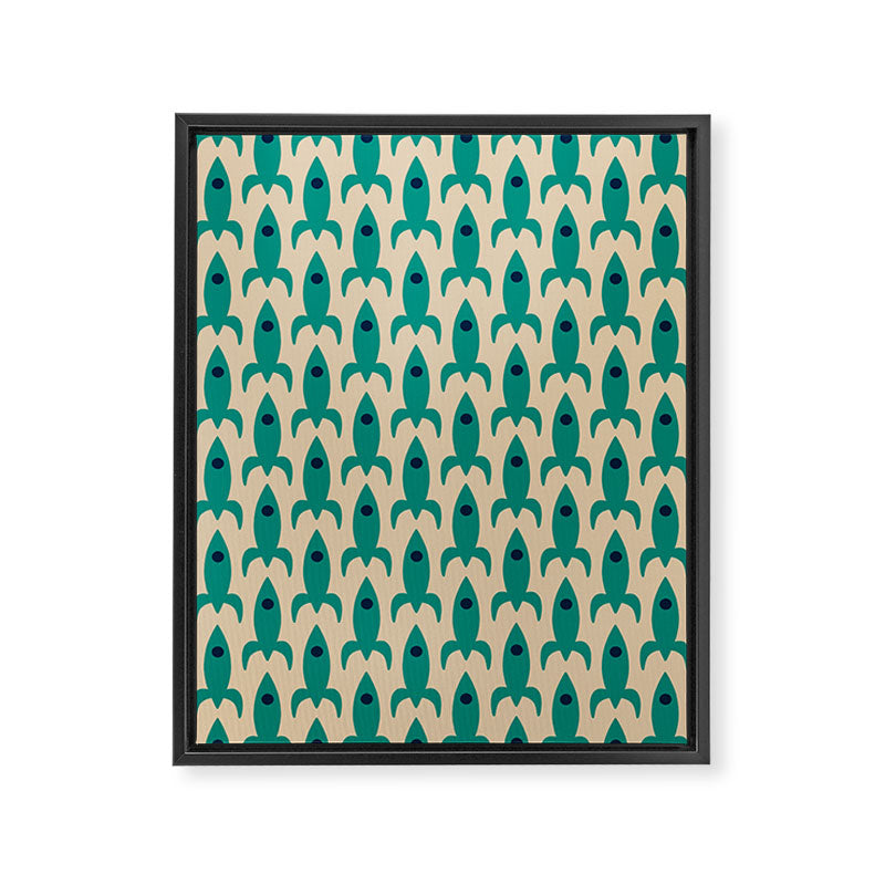 Space Age Rocket Ships - Atomic Age Mid-Century Modern Pattern in Teal and Mid Mod Beige Framed Canvas Print Gallery Image 8