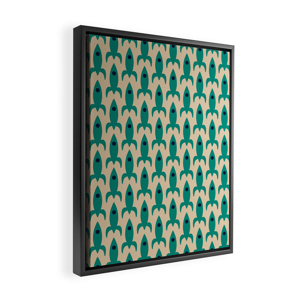 Space Age Rocket Ships - Atomic Age Mid-Century Modern Pattern in Teal and Mid Mod Beige Framed Canvas Print Gallery Image 2