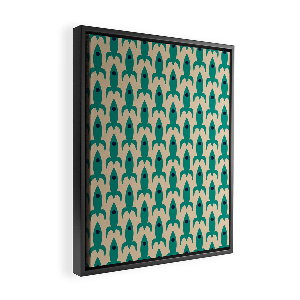Space Age Rocket Ships - Atomic Age Mid-Century Modern Pattern in Teal and Mid Mod Beige Framed Canvas Print Gallery Image 2