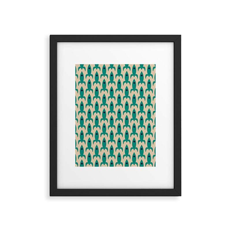 Space Age Rocket Ships - Atomic Age Mid-Century Modern Pattern in Teal and Mid Mod Beige Framed Art Print Gallery Image 6