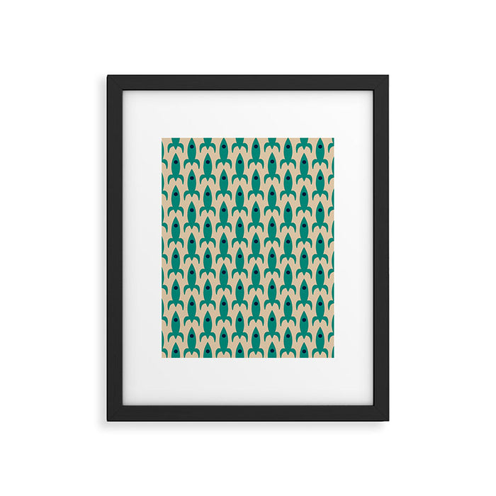 Space Age Rocket Ships - Atomic Age Mid-Century Modern Pattern in Teal and Mid Mod Beige Framed Art Print Gallery Image 1