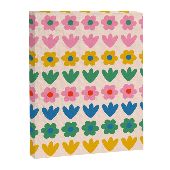 Spring Flower Stripes Cute and Cheerful Floral Pattern Pink Blue Green Mustard Yellow Canvas Print Gallery Image 1