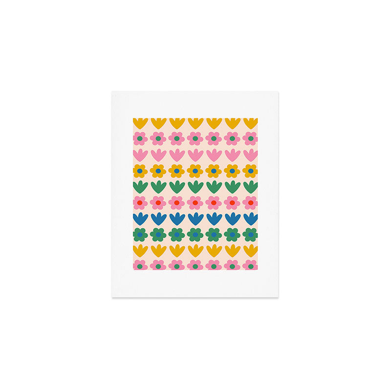 Spring Flower Stripes Cute and Cheerful Floral Pattern Pink Blue Green Mustard Yellow Art Print Gallery Image 1