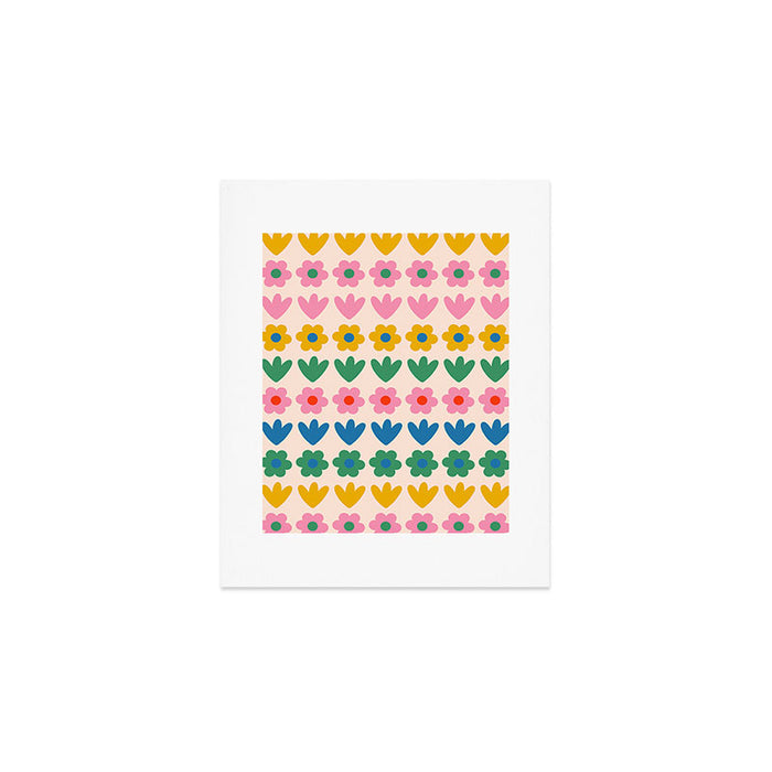 Spring Flower Stripes Cute and Cheerful Floral Pattern Pink Blue Green Mustard Yellow Art Print Gallery Image 1