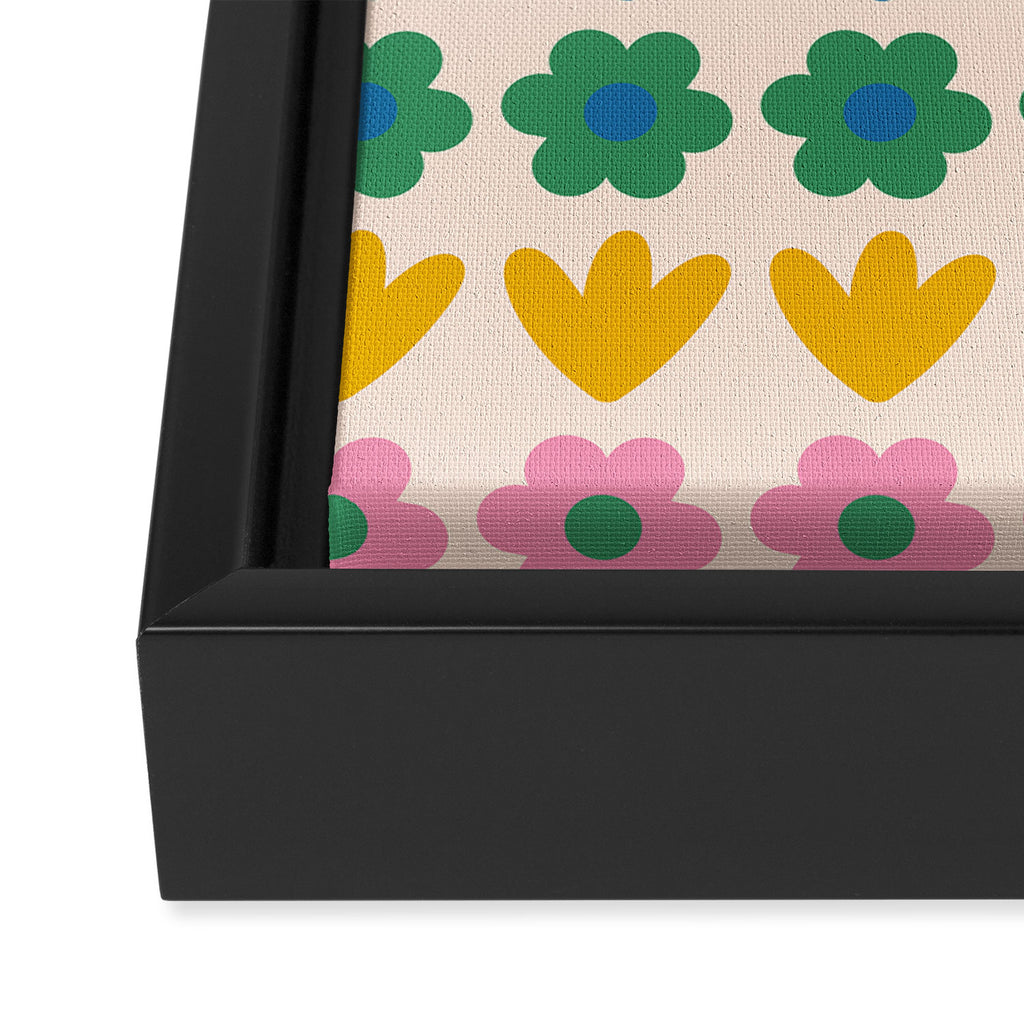Spring Flower Stripes Cute and Cheerful Floral Pattern Pink Blue Green Mustard Yellow Framed Canvas Print Gallery Image 3