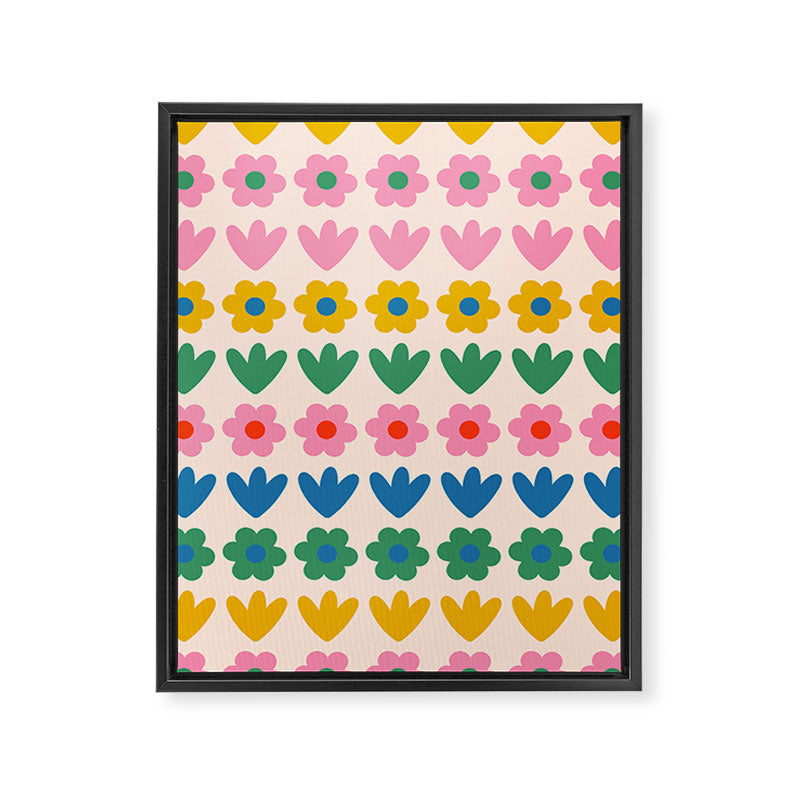 Spring Flower Stripes Cute and Cheerful Floral Pattern Pink Blue Green Mustard Yellow Framed Canvas Print Gallery Image 8