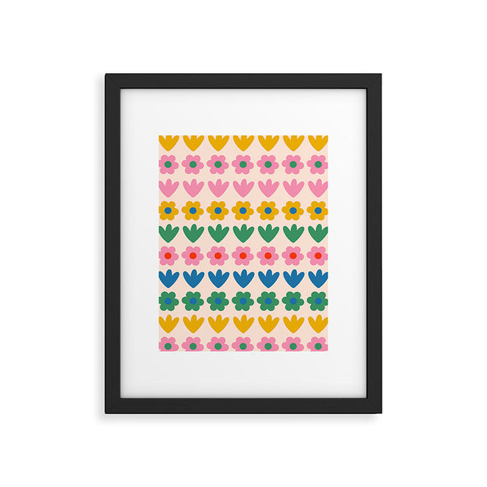 Spring Flower Stripes Cute and Cheerful Floral Pattern Pink Blue Green Mustard Yellow Framed Art Print Gallery Image 1