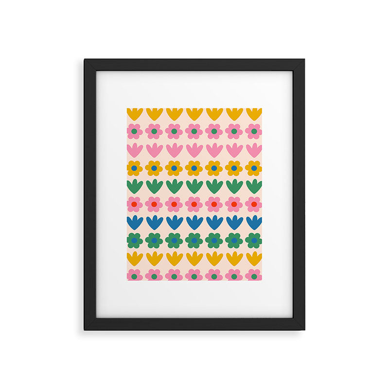 Spring Flower Stripes Cute and Cheerful Floral Pattern Pink Blue Green Mustard Yellow Framed Art Print Gallery Image 6