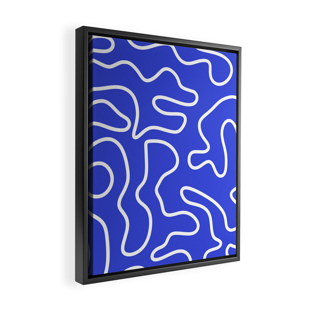 Squiggle Maze Abstract Minimalist Pattern in Electric Blue and White Framed Canvas Print Gallery Image 2