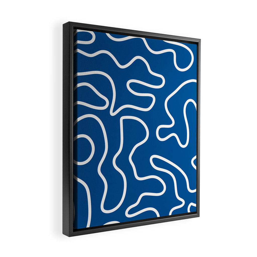 Squiggle Maze Minimalist Abstract Pattern in Blue and White Framed Canvas Print Gallery Image 2