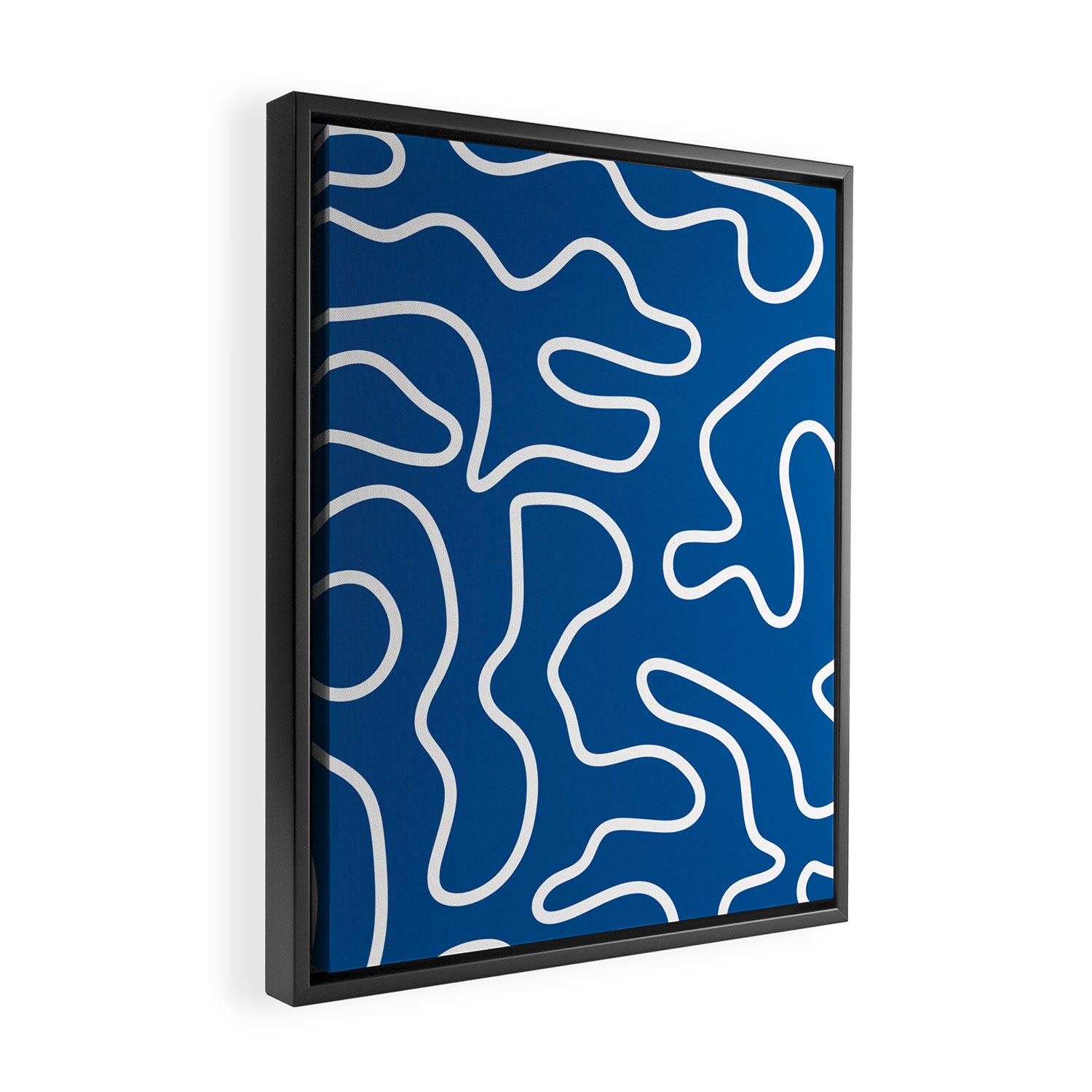 Squiggle Maze Minimalist Abstract Pattern in Blue and White Framed Canvas Print Gallery Image 2