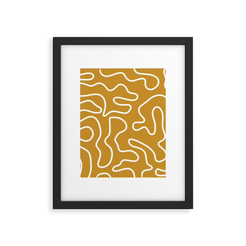 Squiggle Maze Minimalist Abstract Pattern in White and Mustard Gold Framed Art Print Gallery Image 4