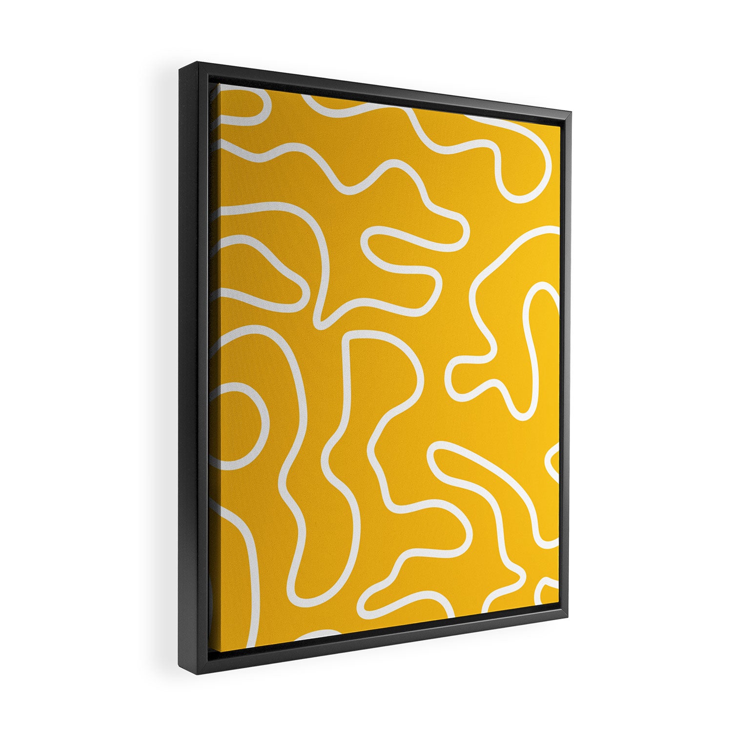 Squiggle Maze Minimalist Abstract Pattern in Yellow Mustard and White Framed Canvas Print Gallery Image 2