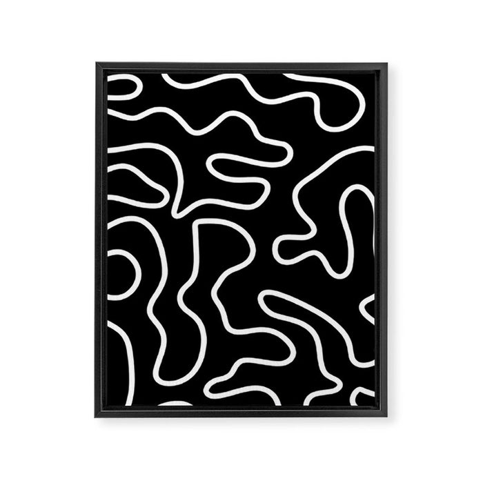 Squiggle Maze Minimalist Abstract Pattern in White and Black Framed Canvas Print Gallery Image 1