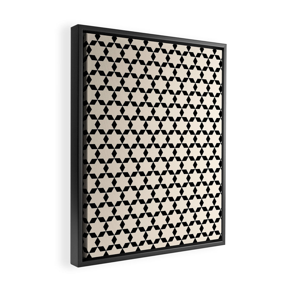 Star Tiles Geometric Pattern in Almond Cream and Black Framed Canvas Print Gallery Image 2