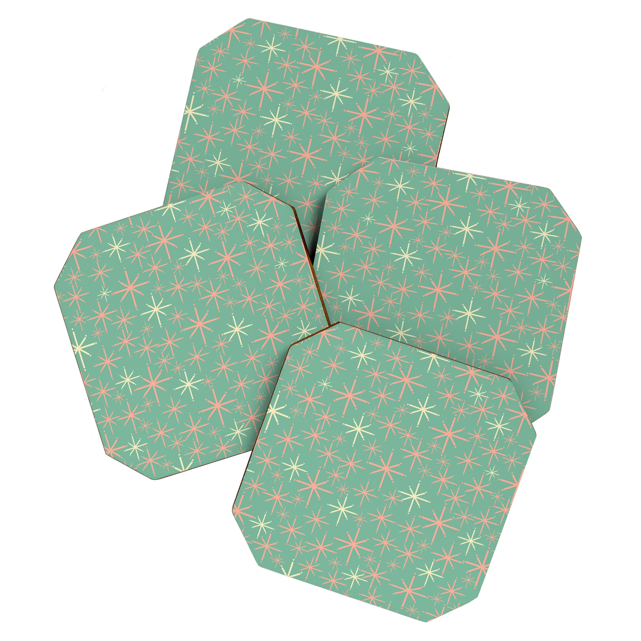Starbursts Mid Century Modern Retro Pattern in Blush Pink, Cream, and Mint Teal Coaster Gallery Image 1