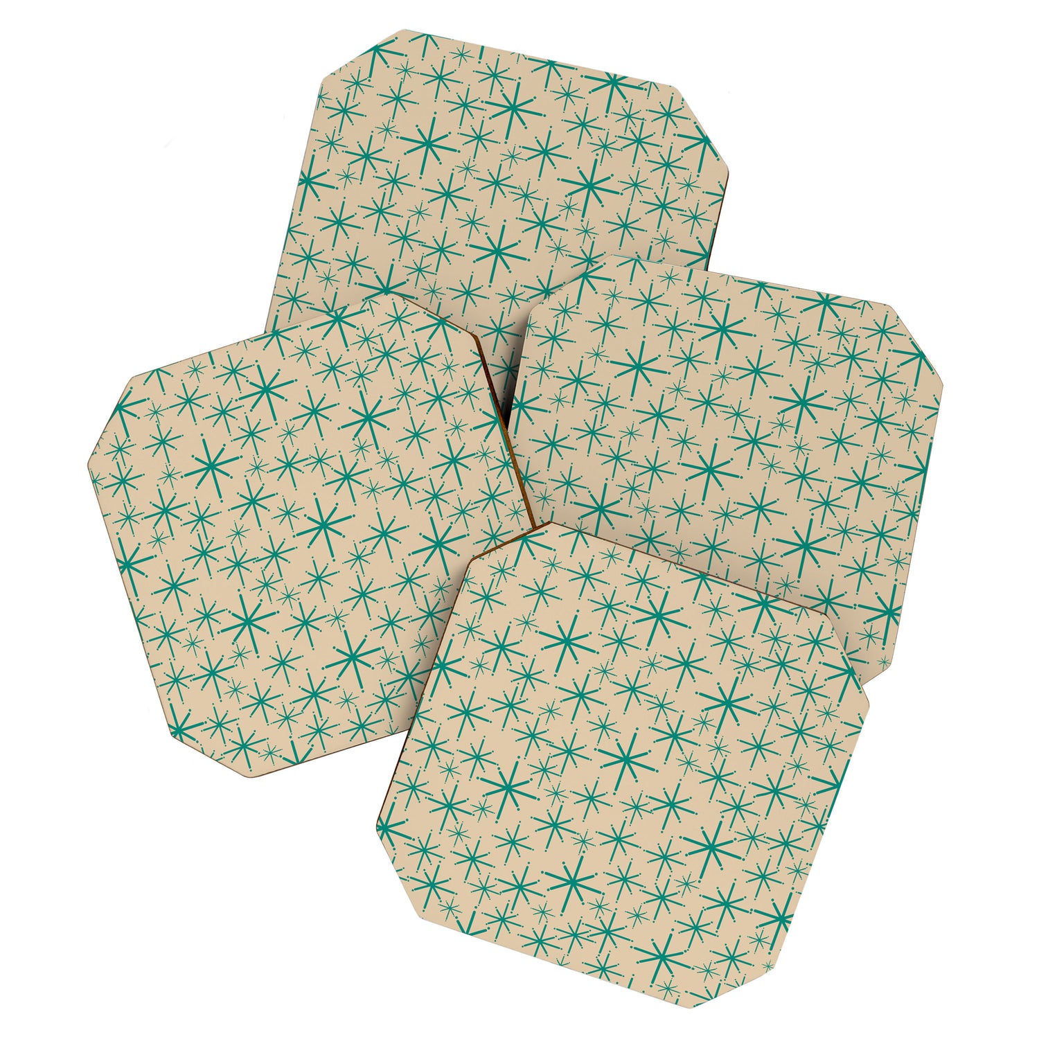 Stella 2 - Atomic Age Starbursts - Midcentury Modern Pattern in Turquoise Teal and Mid Mod Beige Coaster Gallery Image 1
