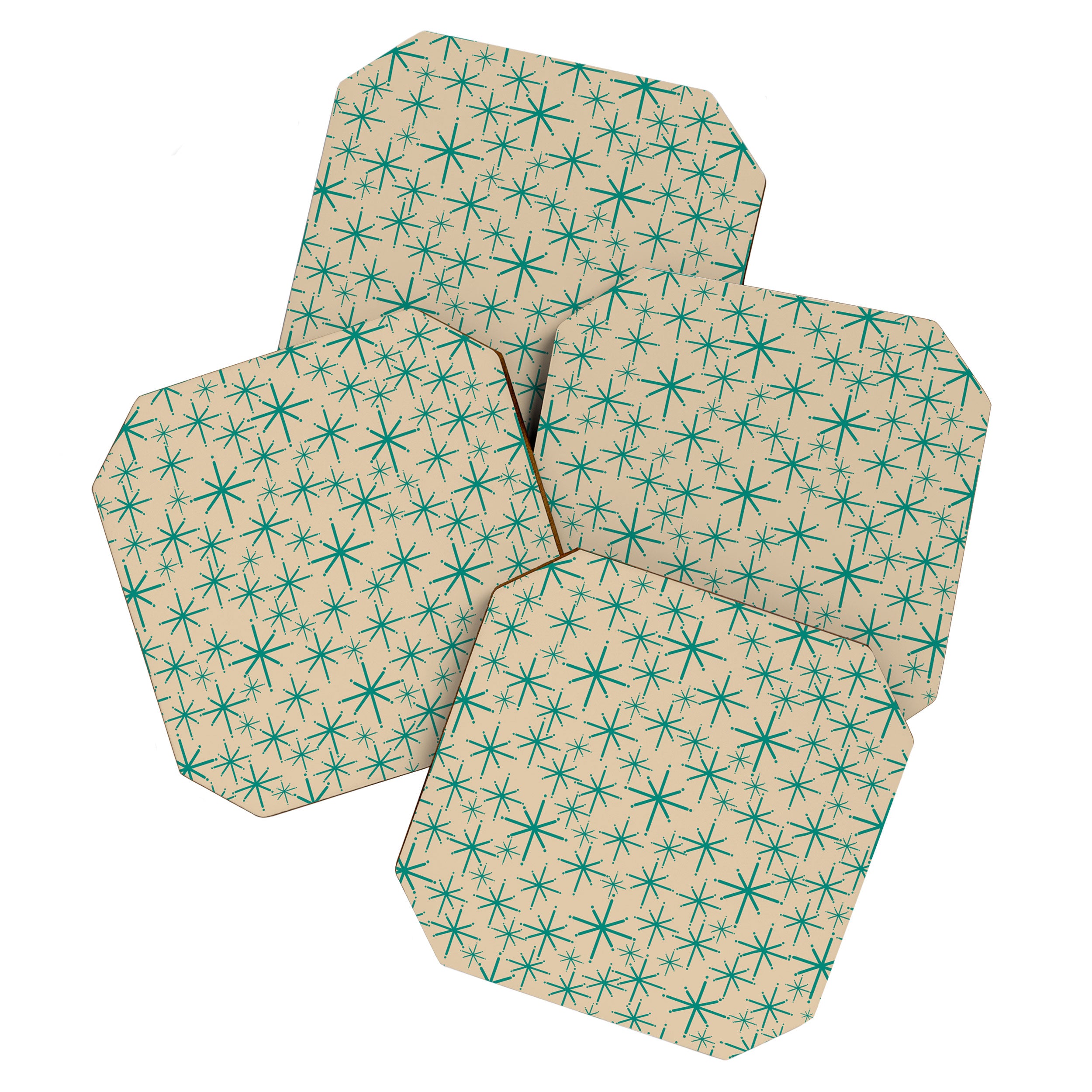 Stella 2 - Atomic Age Starbursts - Midcentury Modern Pattern in Turquoise Teal and Mid Mod Beige Coaster Gallery Image 1