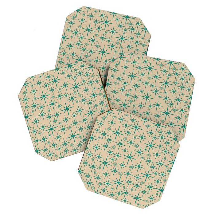 Stella 2 - Atomic Age Starbursts - Midcentury Modern Pattern in Turquoise Teal and Mid Mod Beige Coaster Gallery Image 1