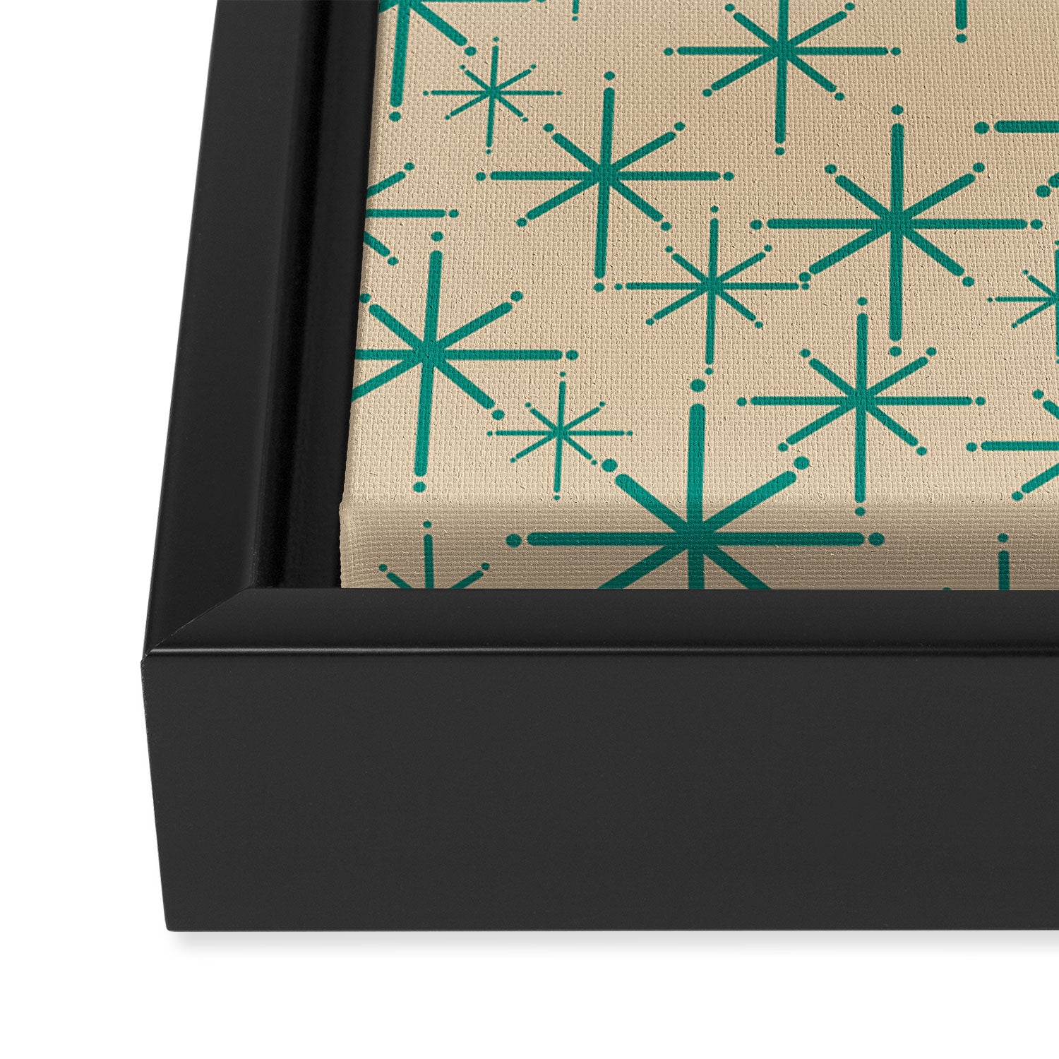 Stella 2 - Atomic Age Starbursts - Midcentury Modern Pattern in Turquoise Teal and Mid Mod Beige Framed Canvas Print Gallery Image 3