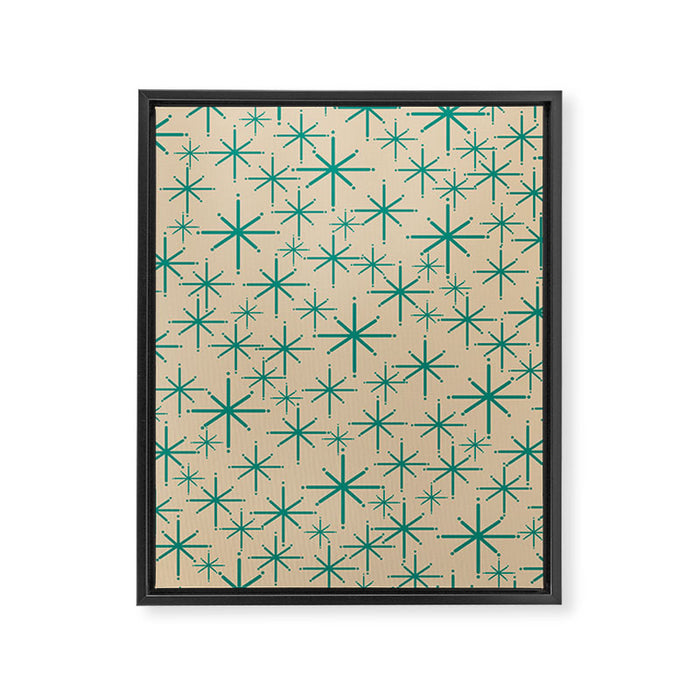 Stella 2 - Atomic Age Starbursts - Midcentury Modern Pattern in Turquoise Teal and Mid Mod Beige Framed Canvas Print Gallery Image 1