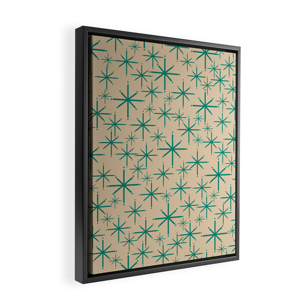 Stella 2 - Atomic Age Starbursts - Midcentury Modern Pattern in Turquoise Teal and Mid Mod Beige Framed Canvas Print Gallery Image 2