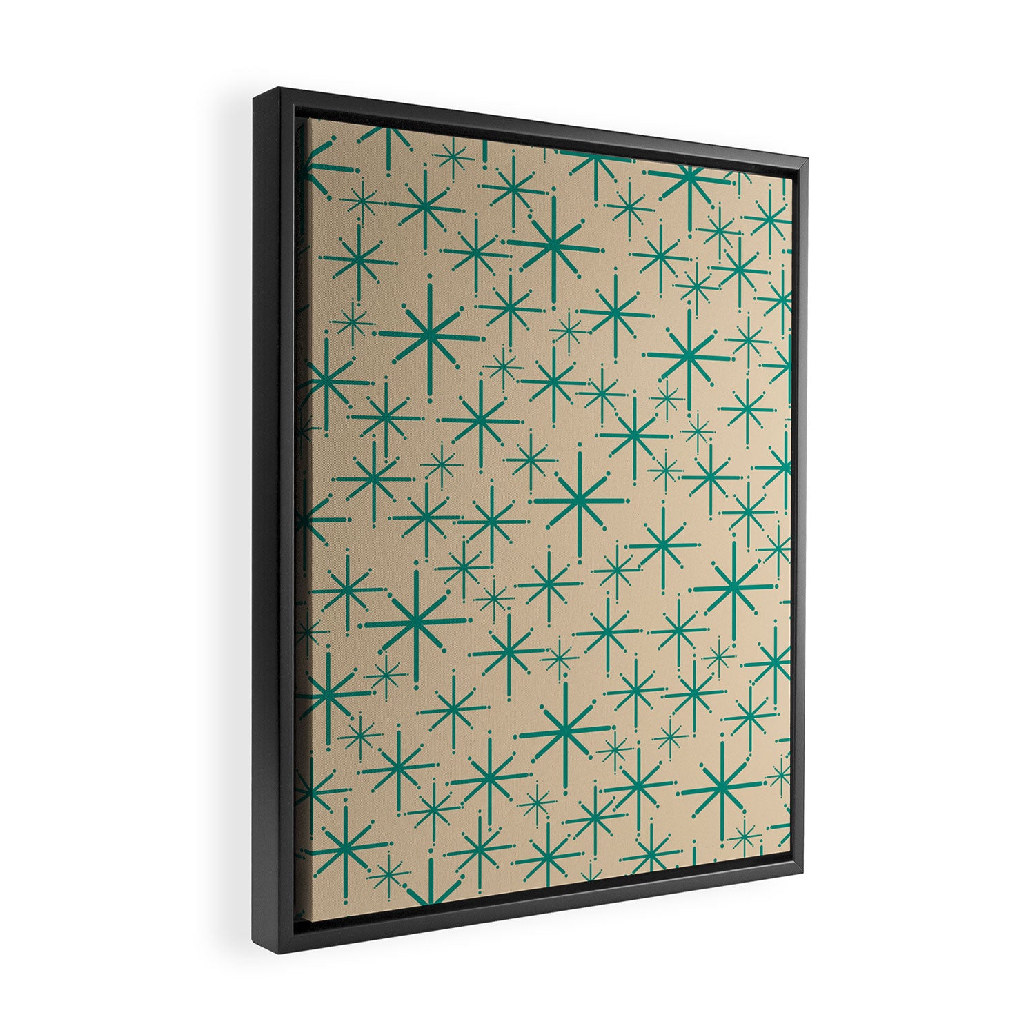 Stella 2 - Atomic Age Starbursts - Midcentury Modern Pattern in Turquoise Teal and Mid Mod Beige Framed Canvas Print Gallery Image 2