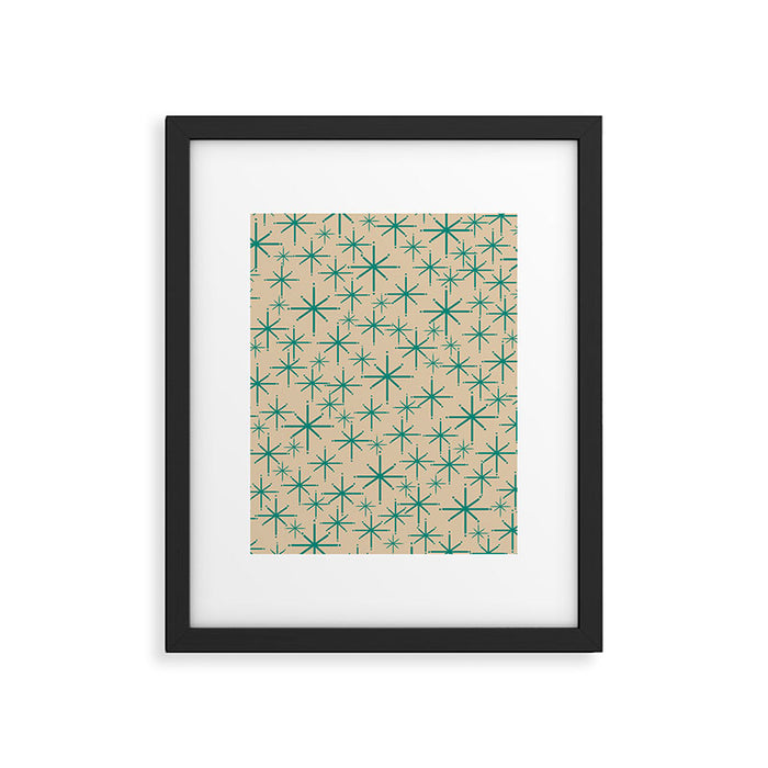 Stella 2 - Atomic Age Starbursts - Midcentury Modern Pattern in Turquoise Teal and Mid Mod Beige Framed Art Print Gallery Image 1
