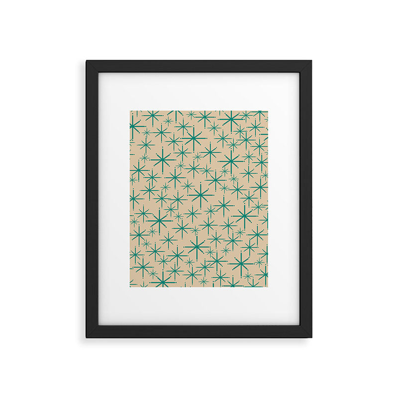 Stella 2 - Atomic Age Starbursts - Midcentury Modern Pattern in Turquoise Teal and Mid Mod Beige Framed Art Print Gallery Image 6