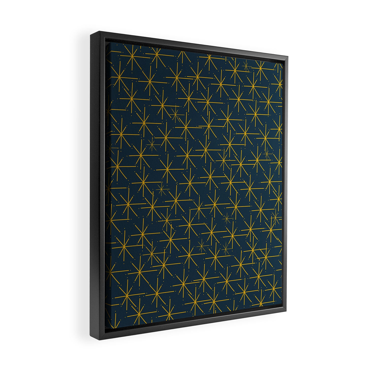 Stella - Atomic Age Mid Century Modern Pattern in Light Mustard Yellow and Navy Blue Framed Canvas Print Gallery Image 2