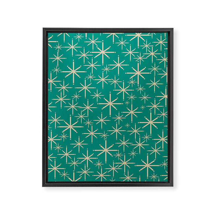 Stella - Retro Atomic Age Starbursts in Midcentury Modern Beige and Turquoise Teal Framed Canvas Print Gallery Image 1