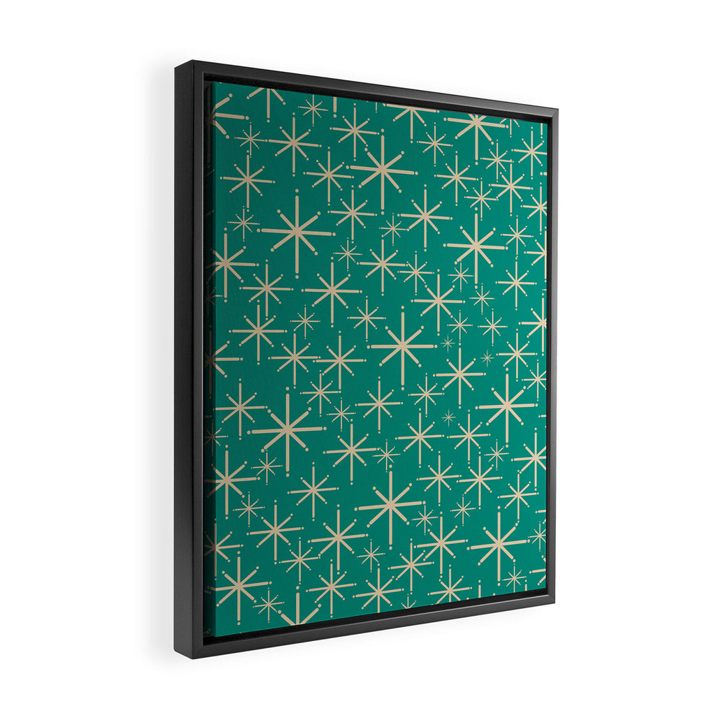 Stella - Retro Atomic Age Starbursts in Midcentury Modern Beige and Turquoise Teal Framed Canvas Print Gallery Image 2