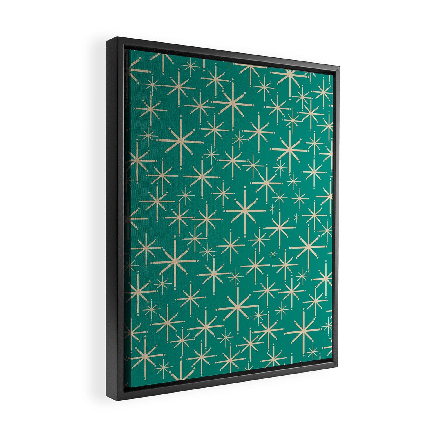 Stella - Retro Atomic Age Starbursts in Midcentury Modern Beige and Turquoise Teal Framed Canvas Print Gallery Image 2
