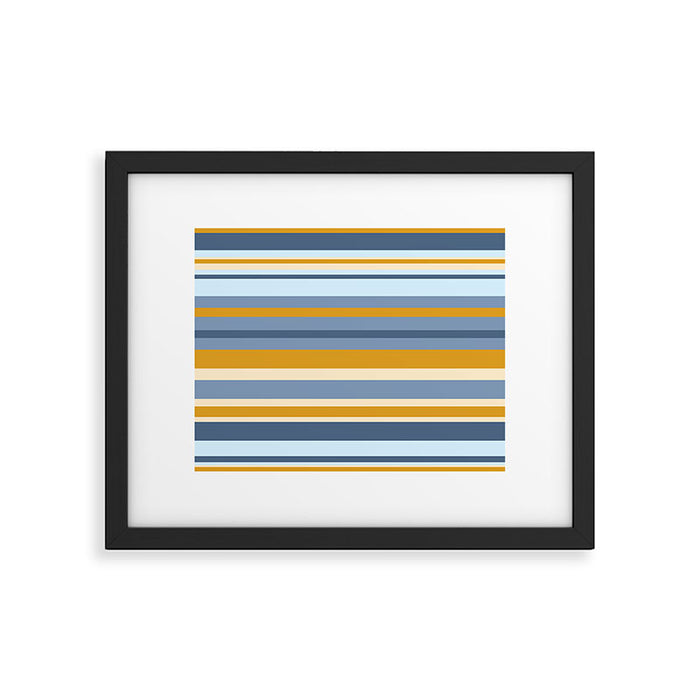 Stripe Pattern Contemporary Retro Modern Variable Stripes in Blue and Honey Mustard Framed Art Print Gallery Image 1