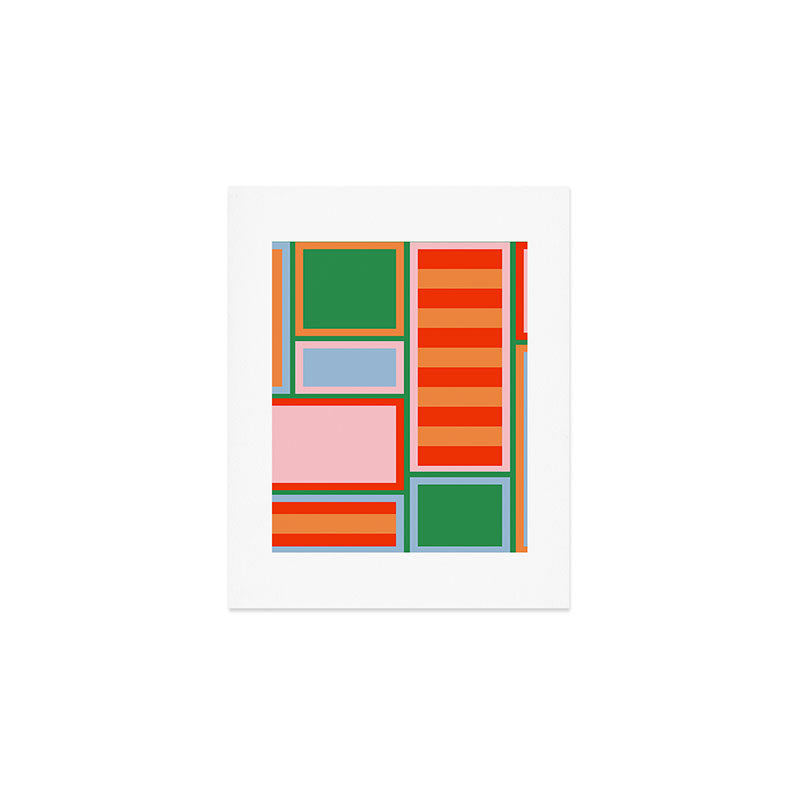Striped Modular Bold & Colorful Geometric Pattern in Orange Green Light Blue Pink Art Print Gallery Image 1