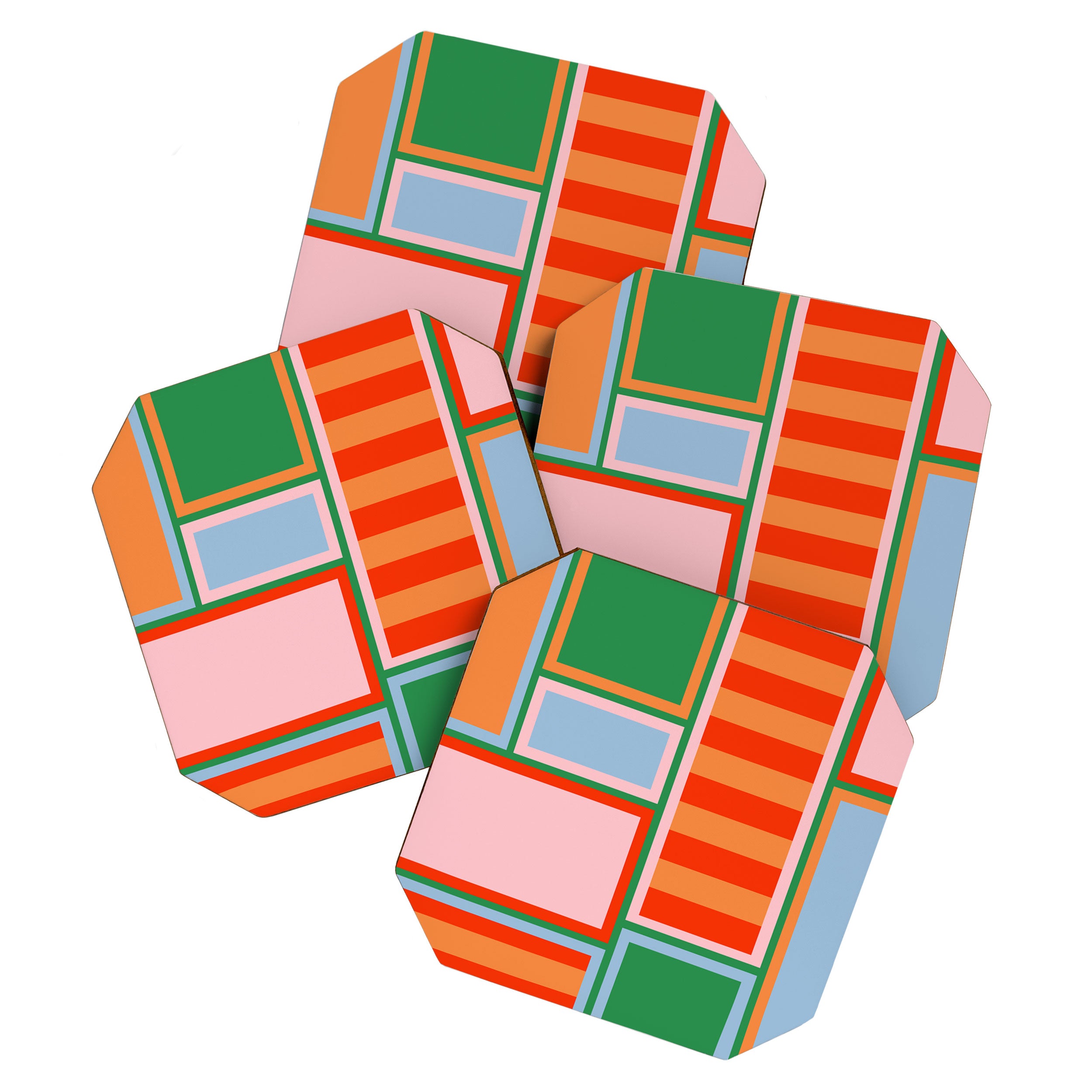 Striped Modular Bold & Colorful Geometric Pattern in Orange Green Light Blue Pink Coaster Gallery Image 1