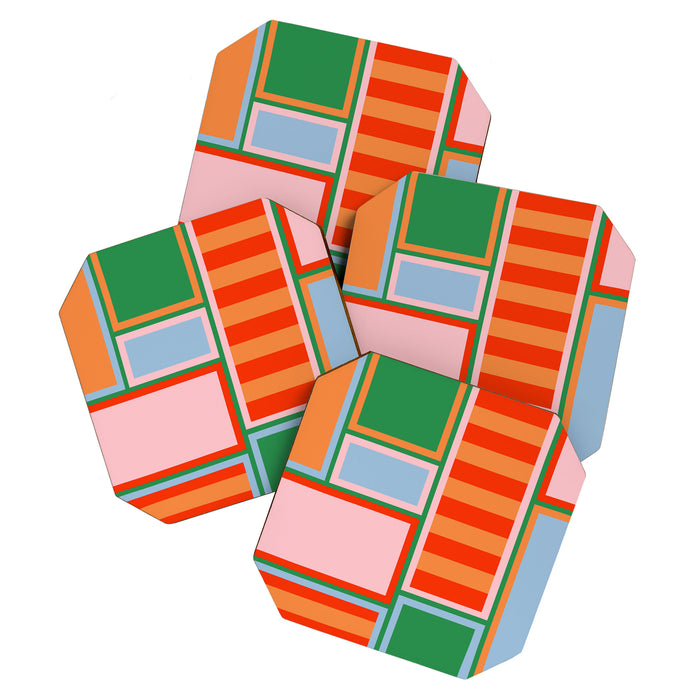Striped Modular Bold & Colorful Geometric Pattern in Orange Green Light Blue Pink Coaster Gallery Image 1