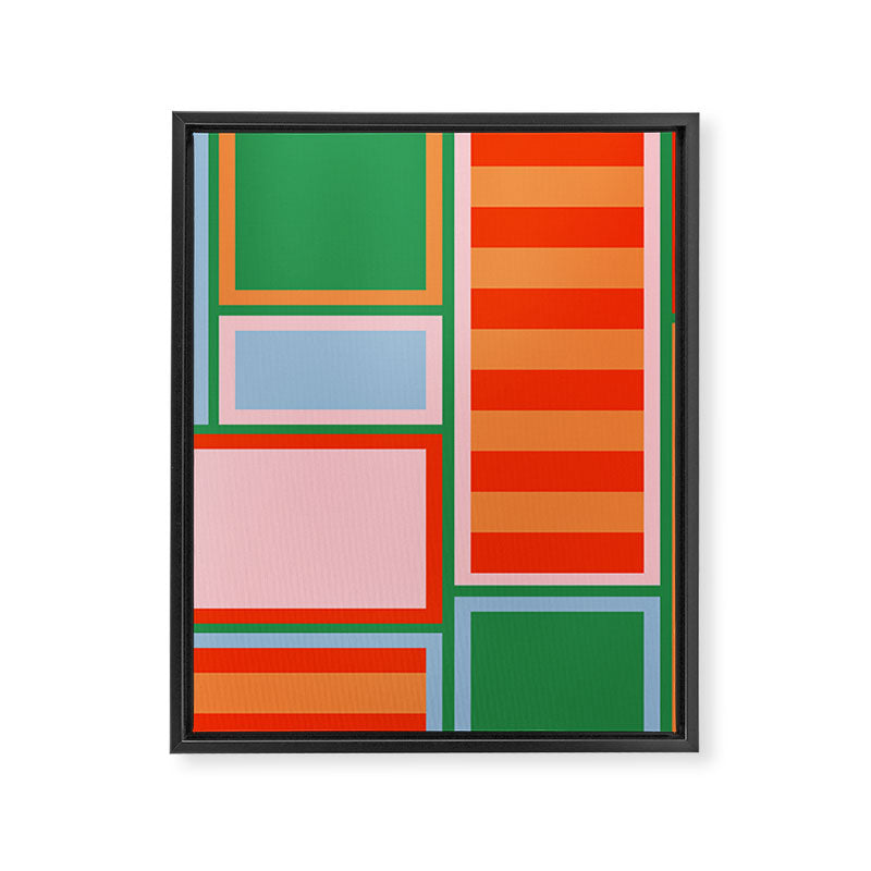 Striped Modular Bold & Colorful Geometric Pattern in Orange Green Light Blue Pink Framed Canvas Print Gallery Image 8