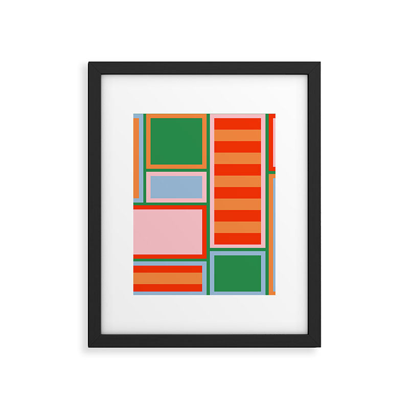 Striped Modular Bold & Colorful Geometric Pattern in Orange Green Light Blue Pink Framed Art Print Gallery Image 6