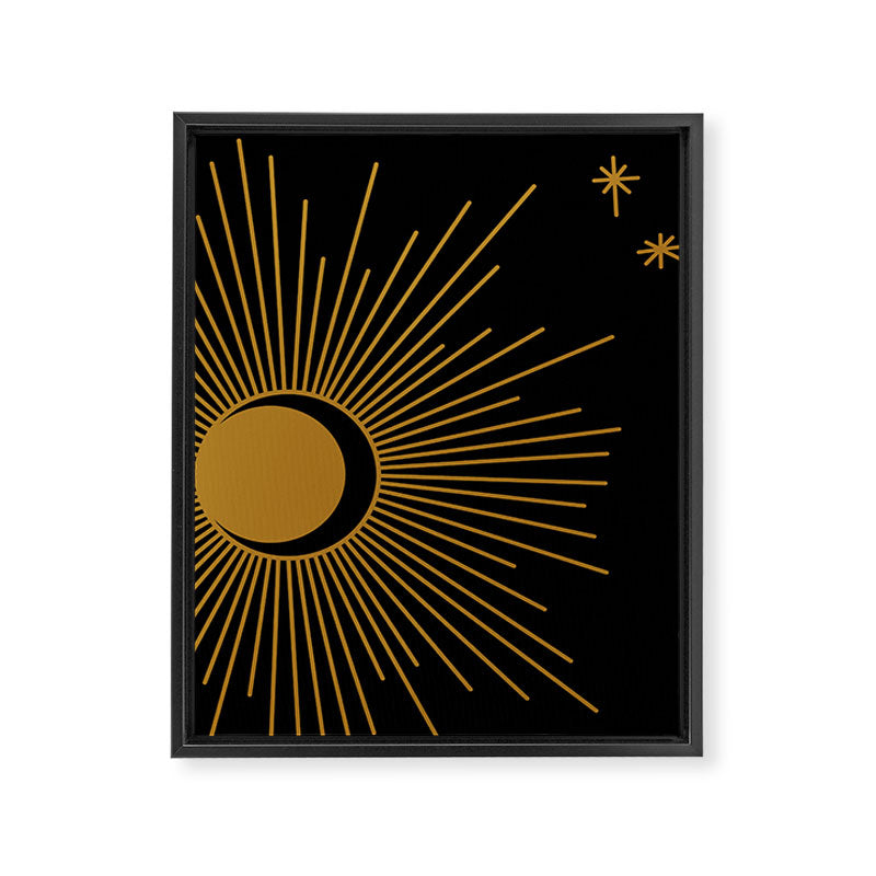 Subtle Sun Moon Stars in Black and Ochre Framed Canvas Print Gallery Image 8