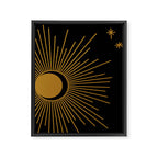 Subtle Sun Moon Stars in Black and Ochre Framed Canvas Print Gallery Image 8