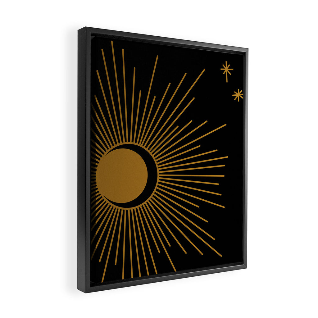 Subtle Sun Moon Stars in Black and Ochre Framed Canvas Print Gallery Image 2