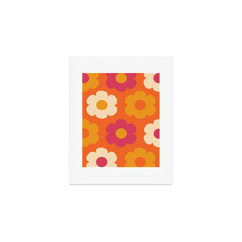 Such Cute Flowers Retro Floral Pattern in 60s 70s Pink Orange Mustard Cream Art Print Gallery Image 1