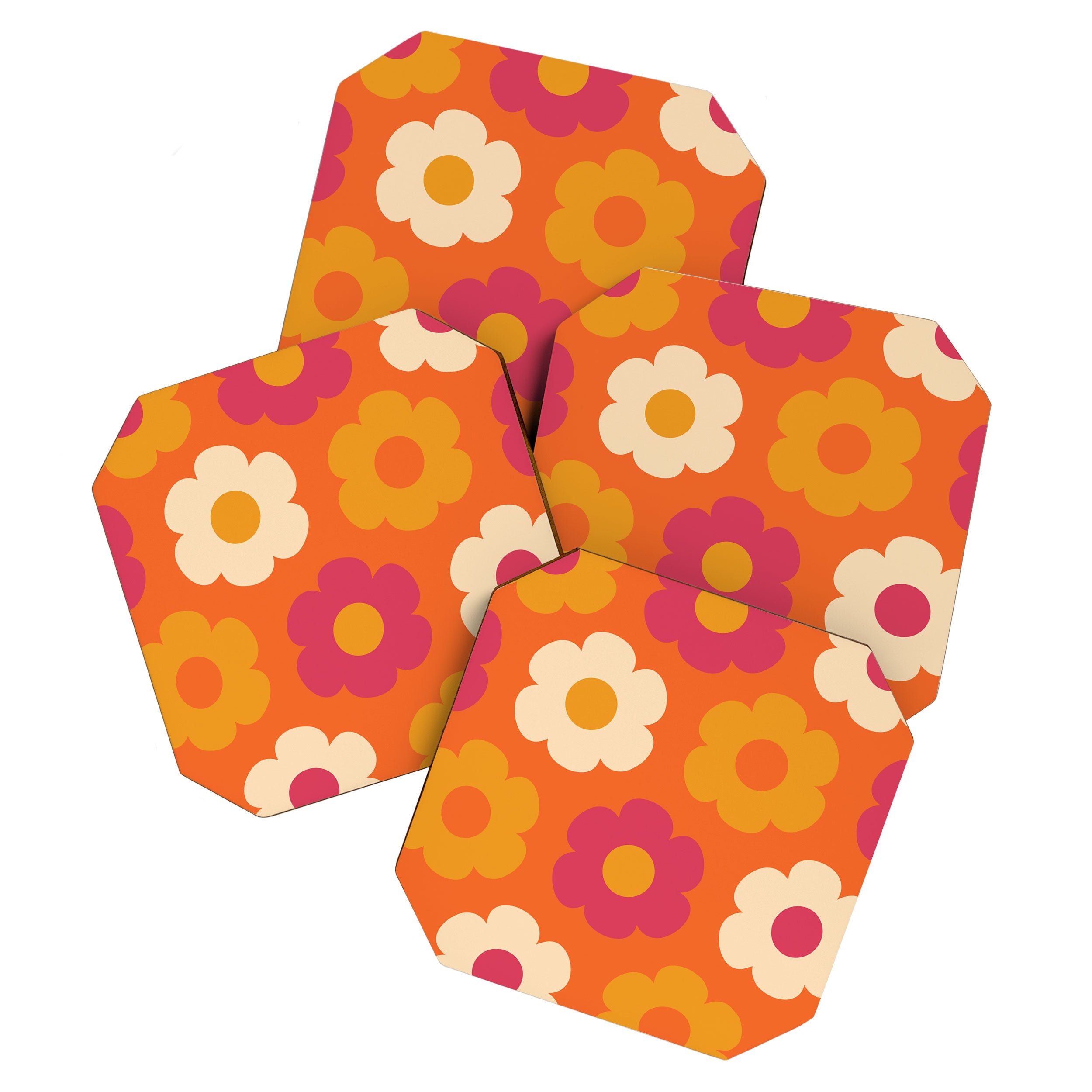 Such Cute Flowers Retro Floral Pattern in 60s 70s Pink Orange Mustard Cream Coaster Gallery Image 1