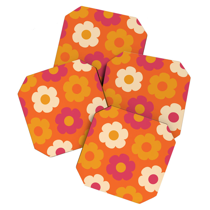 Such Cute Flowers Retro Floral Pattern in 60s 70s Pink Orange Mustard Cream Coaster Gallery Image 1