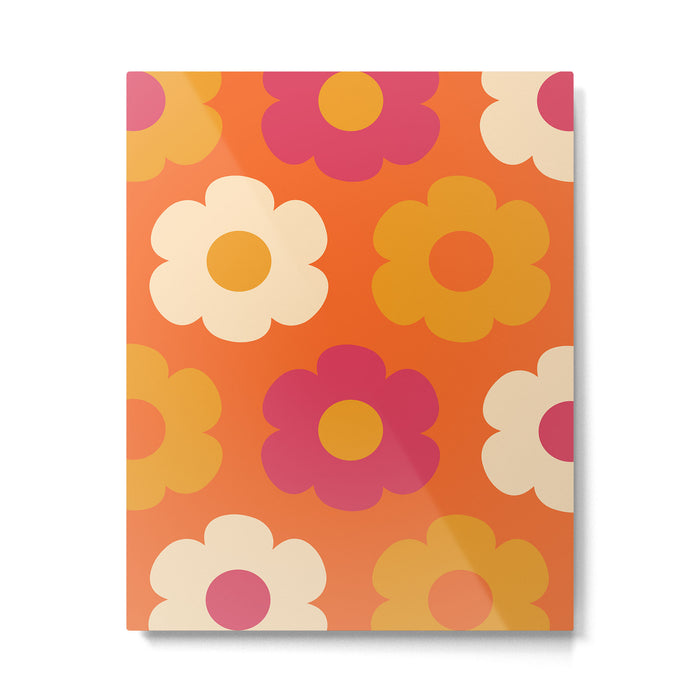 Such Cute Flowers Retro Floral Pattern in 60s 70s Pink Orange Mustard Cream Metal Print Gallery Image 1