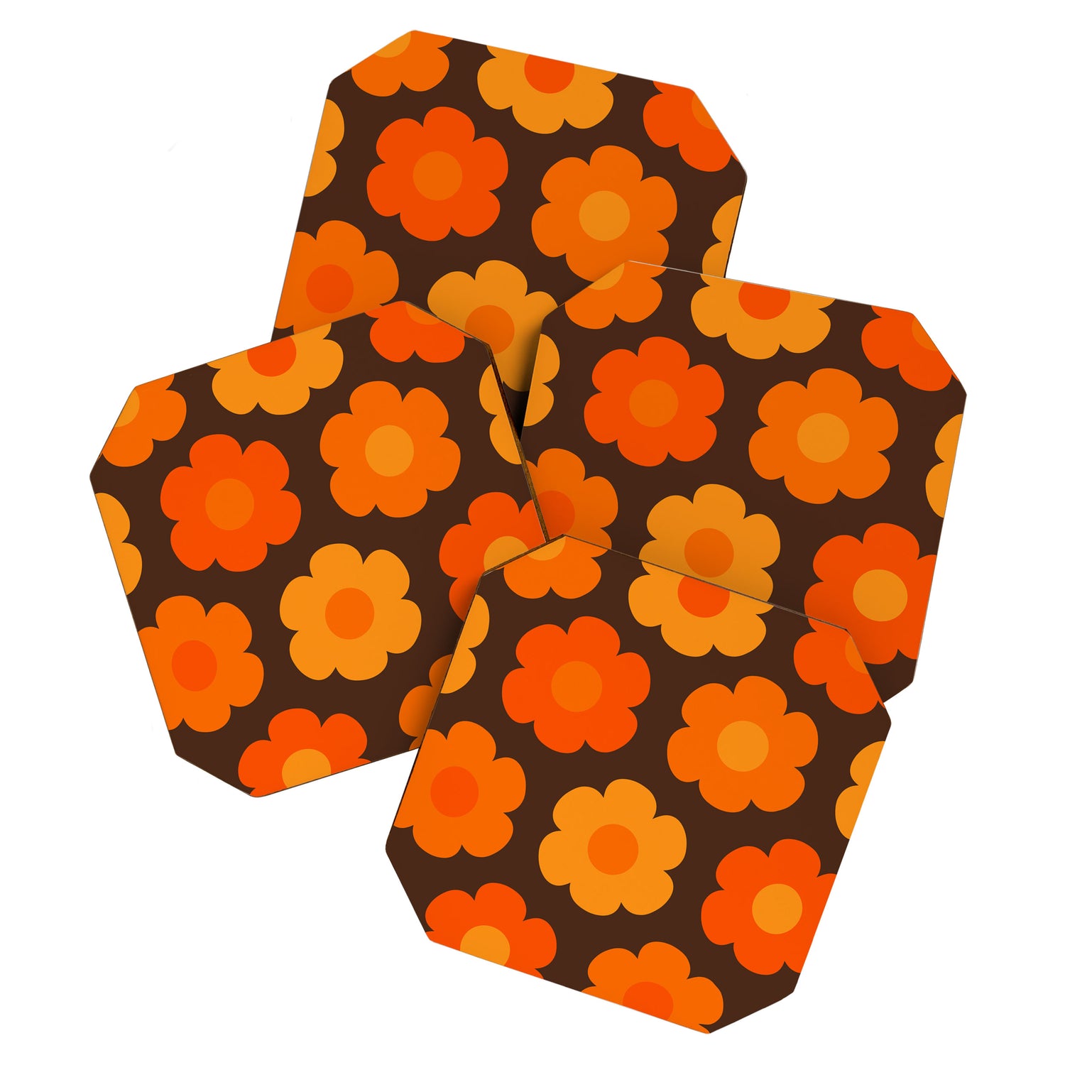 Such Cute Flowers Retro Floral Pattern in 70s Brown and Orange Coaster Gallery Image 1
