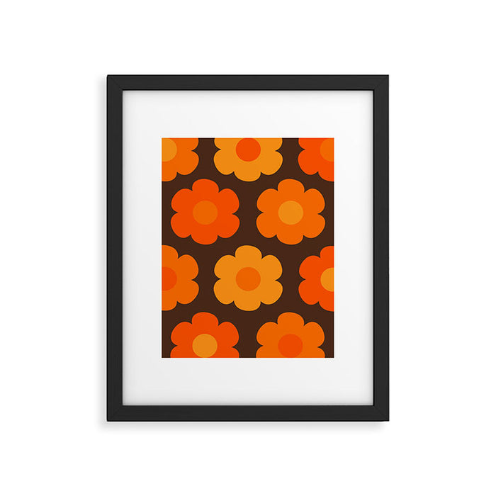 Such Cute Flowers Retro Floral Pattern in 70s Brown and Orange Framed Art Print Gallery Image 1